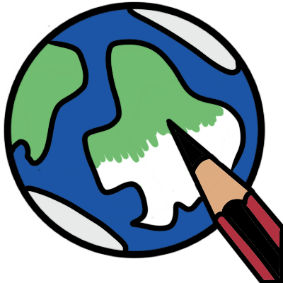 A globe of a world being coloured in with a black pencil, usually used for writing.